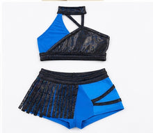 Load image into Gallery viewer, Electric Blue Fringe Two-Piece Dance Costume – Youth Medium